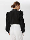 Organza blouse with leather collar, cuffs and ruffles at the shoulder