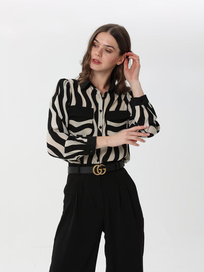Chiffon shirt with zebra print and front pockets