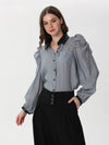 Organza blouse with leather collar, cuffs and ruffles at the shoulder | Blouse | W DE MODA