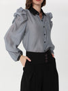 Organza blouse with leather collar, cuffs and ruffles at the shoulder