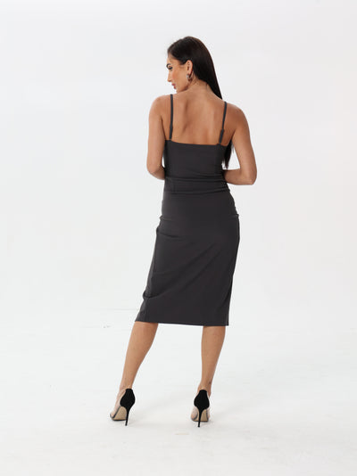 Midi dress with ruffled waist and thigh opening