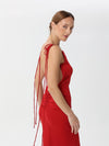 Fitted Silk Dress with Long Slit and Back Ties