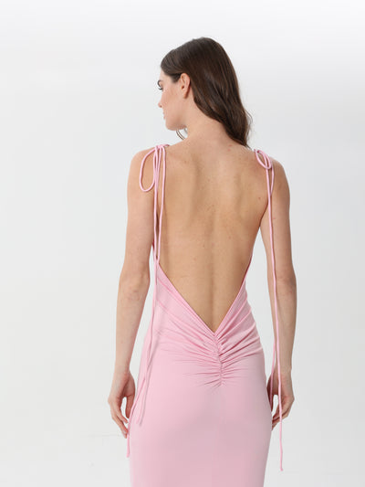 Fitted Silk Dress with Long Slit and Back Ties