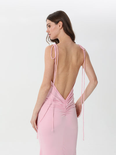 Fitted Silk Dress with Long Slit and Back Ties