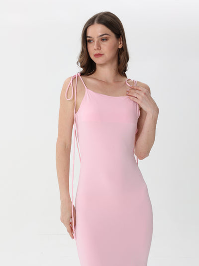 Fitted Silk Dress with Long Slit and Back Ties