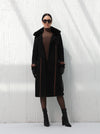 Long black wool coat with leather details | W DE MODA