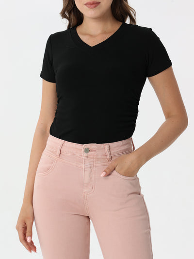 Plain V-neck T-shirt with ruffles on the sides