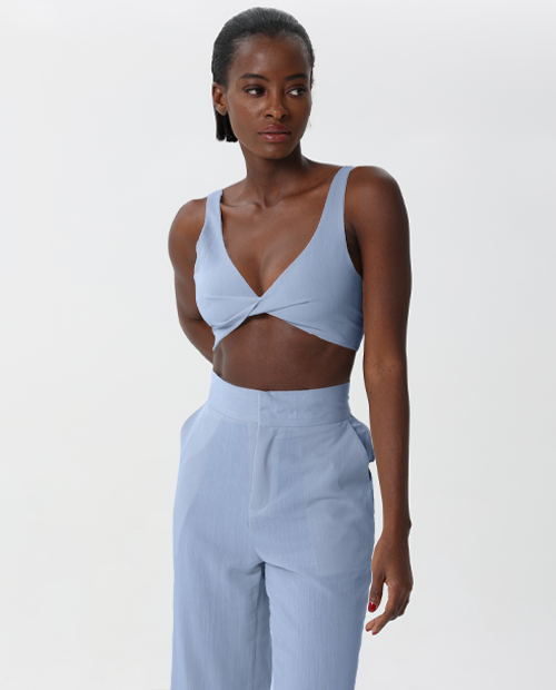 Linen Two Piece Crop Top Pants Set Two-piece Set In Solid Color