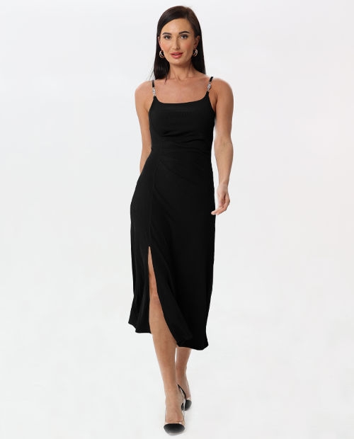 Midi dress with ruffles at the waist, a thigh slit, and half straps with  metal decoration  W DE MODA