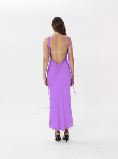Fitted Silk Dress with Long Slit and Back Ties